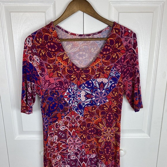 Soft Surroundings Size XS Midi Dress Short Sleeve A-Line Floral V-Neck Red Boho - Picture 4 of 4